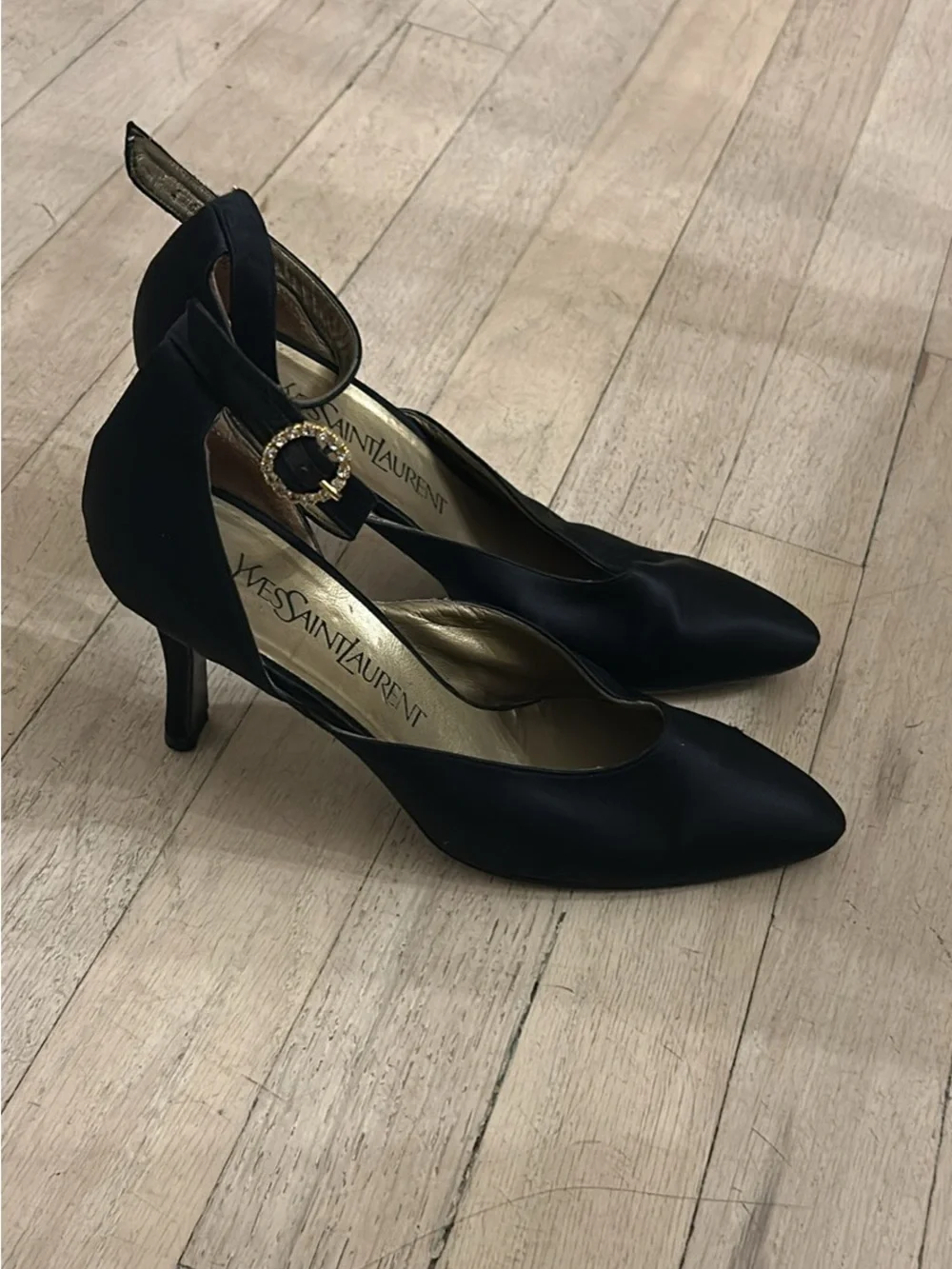 Vintage YSL black satin heels 5.5